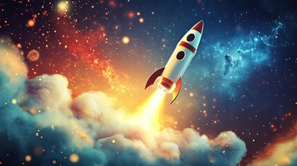 A cartoon illustration of a toy rocket blasting off into space with energetic effects --ar 16:9 --v 6.1 Job ID: 1c4d79ac-6191-4aa2-b944-b311657d431f