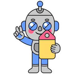 Cute robot holding a price tag