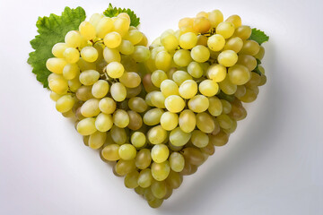 Fotografía profesional, un corazon realizado de uvas blancas, fondo blanco, realista, 4k