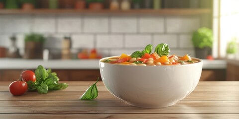 Realistic 3D Icon Cartoon of A Bowl of Vegetable Soup with Fresh Tomatoes, Spinach, and Beans on a Soft, Blurry Chef Kitchen Background