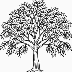 Intricate black silhouette of a tree with detailed leaves on white