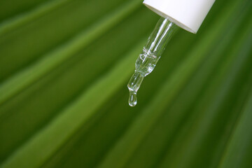 A skincare serum dropper releasing a clear droplet against a lush green leaf background, symbolizing natural beauty and organic product concepts.