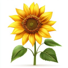 Fototapeta premium Realistic 3D Icon Cartoon of a Bright Yellow Sunflower with Green Leaves isolated on clear white background