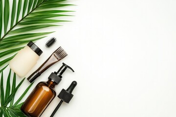 Haircare products and tools placed neatly on white background