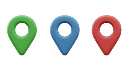 3D Location Pins: Green, Blue, and Red Map Markers