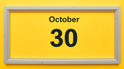 calendar date in a frame on a refreshing yellow background in absolutely gray color. October 30 is the thirtieth day of the month