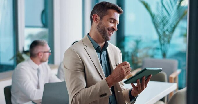 Businessman, idea or thinking in office with tablet for company proposal evaluation or funding request review. Budget analyst, coworking or brainstorming digital report for agreement or presentation