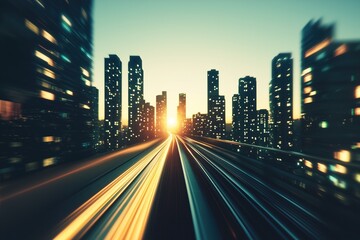 Fototapeta premium Illuminated train speeding through urban cityscape, creating luminous light trails against sunset drenched metropolitan skyline