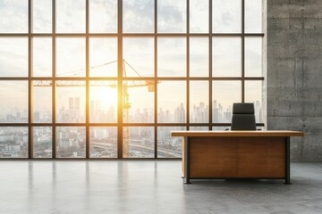 Office window with a view of cranes, in an empty room with a desk, showing growth in a business context