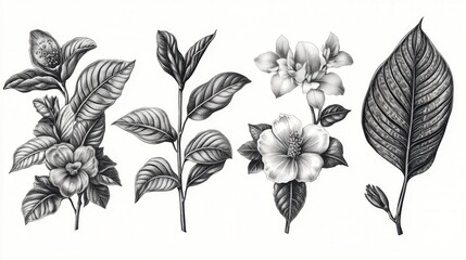 Obraz premium Intimate black-and-white floral art showcasing intricately shaded blooms and leaves, rendered in lifelike detail. A captivating close-up that highlights nature's elegance and complexity