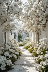 White spring blossoms lining a serene garden pathway