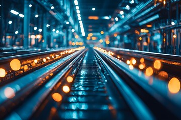 Futuristic Industrial Conveyor Belt System with Orange and Blue Lights at Night