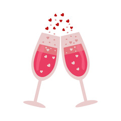 Two glasses of champagne with hearts. Love sparkle with pink fizzy drink wineglasses.  Flat style decor elements for the menu and restaurant, wedding. Vector illustration on transparent background