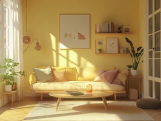A sunny living room displays furniture and decor elements within