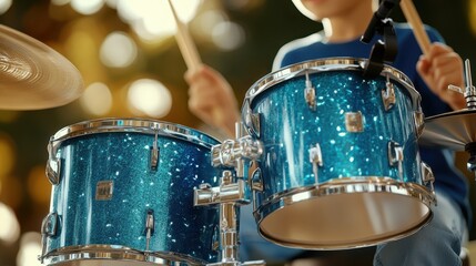 Fototapeta premium Young Musician Playing Drums. Energetic Beats with Drumsticks and Sparkling Instruments