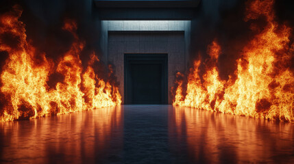 Intense fire burning in a room setting illustrating a fire hazard zone with realistic and minimalist photography