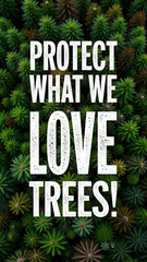 Environmental protection message with "PROTECT WHAT WE LOVE TREES!" text on green forest background for conservation campaigns, eco-friendly blogs, and environmental awareness projects