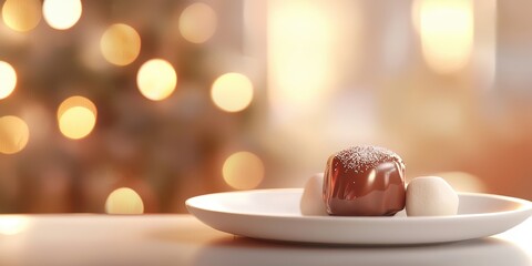 Realistic 3D Icon Cartoon of A Chocolate-Covered Marshmallow Candy on a White Dish with a Softly Blurred Holiday Background
