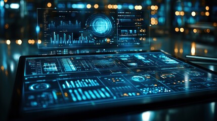 Obraz premium Futuristic tablet displaying data analytics and graphs.