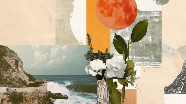 Collage of minimalistic floral textures and coastal landscapes in green tones