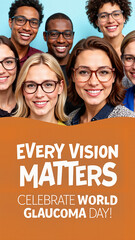 Diverse group of smiling people with glasses promoting World Glaucoma Day "Every Vision Matters" - perfect for healthcare awareness campaigns, optical services websites, and educational materials