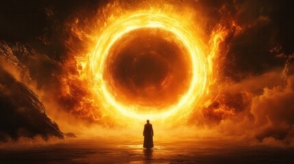 Person stands before a giant glowing portal in a magical atmosphere at twilight, igniting wonder and curiosity about the unknown