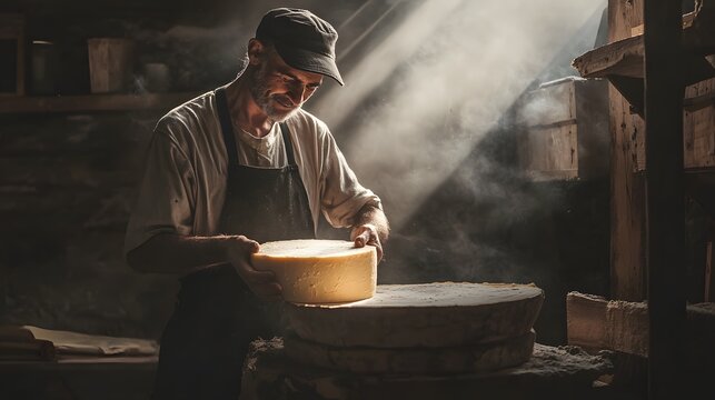 cheesemaker holding a wheel of aged cheese.