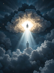 Obraz premium Depression visualized as a dark cloud, medication as the only light, deep despair, 3d illustration. Light Source. Illustration