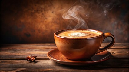 A steaming cup of coffee on a rustic wooden table with a star anise in the foreground