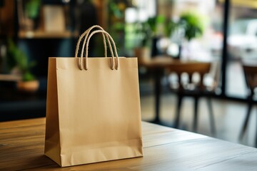 Mockup of wooden paper shopping bag on the wooden table on a clothing store. diffuse background. Brown ecological bag. Recyclable bag for product delivery. Copy space for texts. 