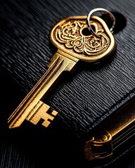 Vintage Gold Key on Textured Background with Elegant Design Elements and Dark Color Palette
