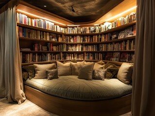 Cozy reading nook features built in bookshelves with comfortable cushions and books