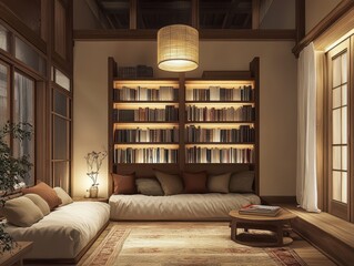 A cozy reading room showcasing a built in bookshelf and comfortable seating