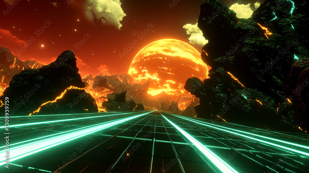 Poster glowing neon lines on dark grid surface lead towards fiery planet and lava rocks, showcasing futuris