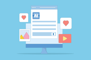 AI Generator Website Concept, AI generative tool, Artificial intelligence that creates text, video and image content. AI content generator. Artificial intelligence integrated with search engine.