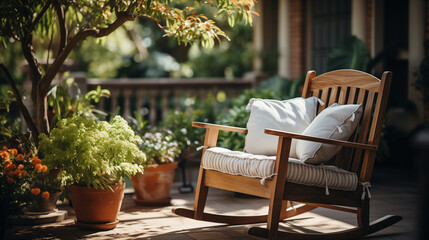 Fototapeta premium Rocking chair with relaxing vibe on cozy patio surrounded by plants and flowers