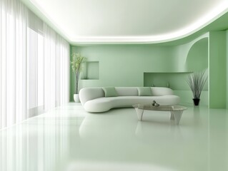 Modern interior design presents a curved sofa and green color scheme