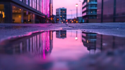 A city street at dusk, reflecting buildings and pinkish lights in a puddle, creating a vibrant urban atmosphere. Concept City Street at Dusk, Puddle Reflections, Vibrant Urban Atmosphere