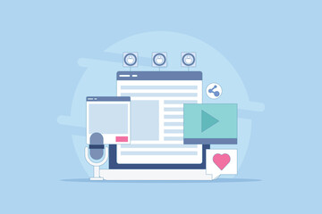 Content Marketing Concept that attracts audience, Various content marketing strategies, Viral content that attracts audience. Podcast, video and text content. Flat vector illustration.