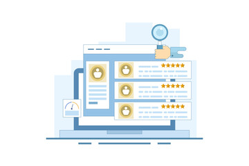 Customer Feedback Concept Sharing feedback online, Online customer survey, Customer experience of products and services. Positive feedback. Flat vector illustration on background.