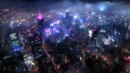 Fototapeta premium Aerial view of a glowing futuristic cityscape at night with dark, stormy sky