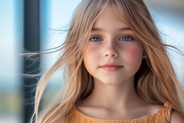 Portrait of young girl with long blonde hair, blue eyes, and freckles looking at camera in natural light