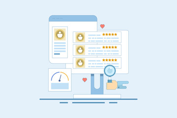 Customer Feedback Concept Sharing feedback online, Online customer survey, Customer experience of products and services. Positive feedback. Flat vector illustration on background.