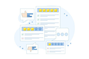 Customer Review Concept, Satisfaction, Feedback. Analysis of customer comments with different experiences. Efforts to improve product service ratings, surveys, reviews, opinions. Flat illustration.
