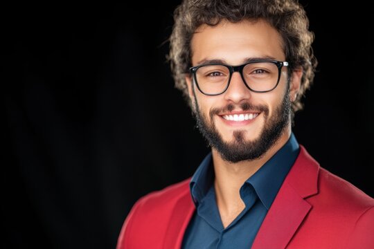 Smiling young adult man with curly hair, beard, and glasses wearing red blazer over dark shirt against black background
