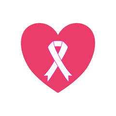 Icon symbol of awareness against breast cancer, white ribbon on a pink heart.