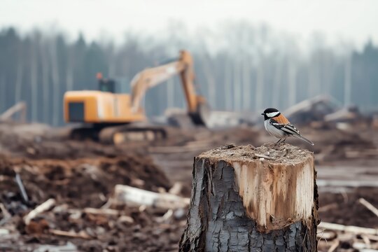 small bird perched on tree stump in deforested area, with machinery in background. scene evokes sense of nature amidst industrial activity