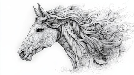 An intricately detailed black-and-white illustration of a horse's head. Its mane and tail feature swirling lines and curves, exuding dynamic movement. The patterns are meticulously rendered, adding de