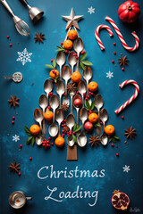 Christmas tree made of spoons with mandarins, cranberries and spices on a blue background. Text 'Christmas Loading'.
