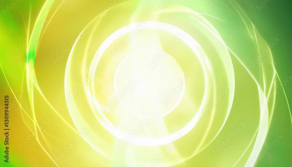 Poster glowing energy vortex with abstract circular light waves in green and yellow hues, futuristic motion